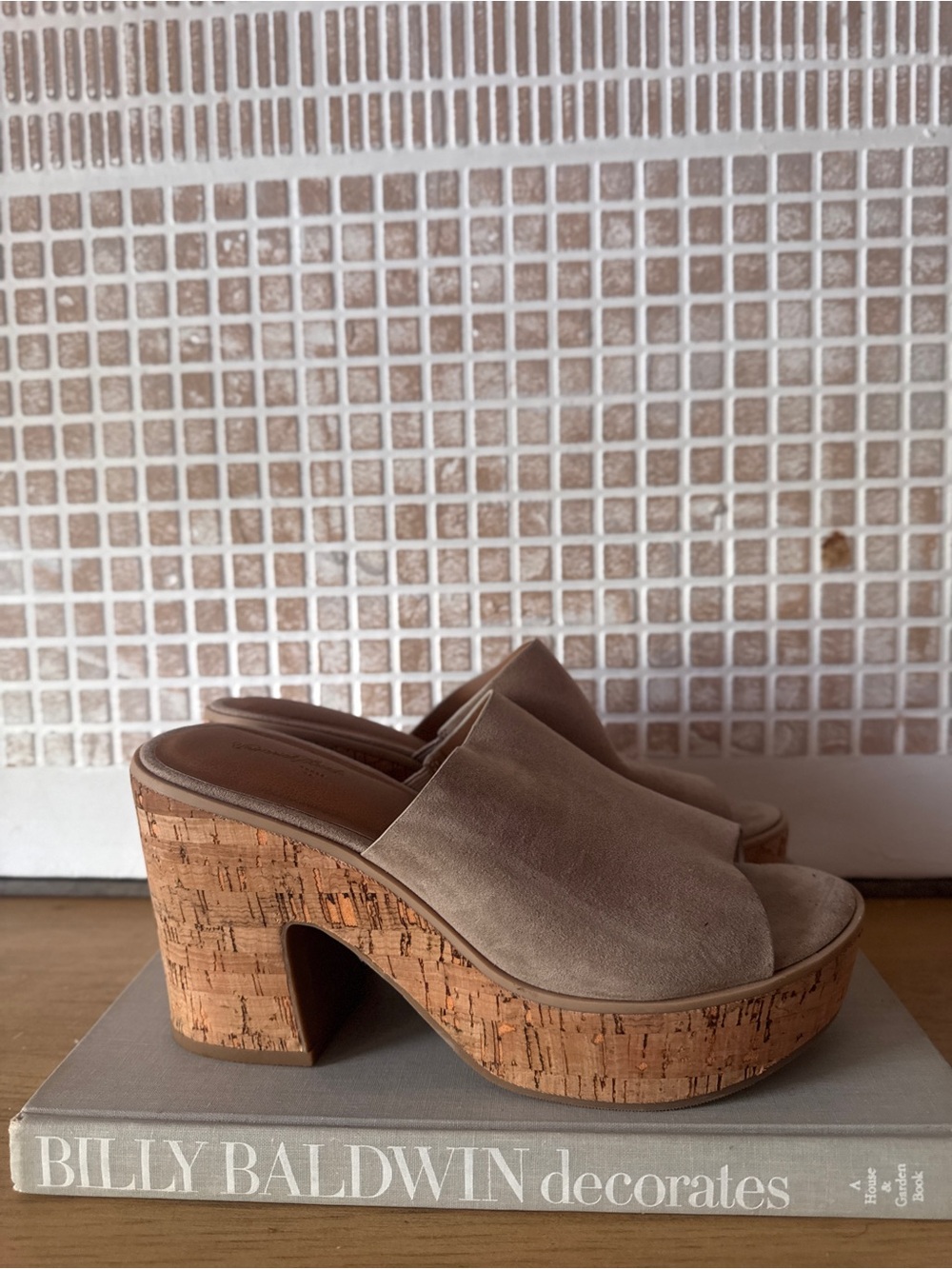 Beige Suede Cork Platform Slide Heel - Size 7.5 - Picture 5 of 7